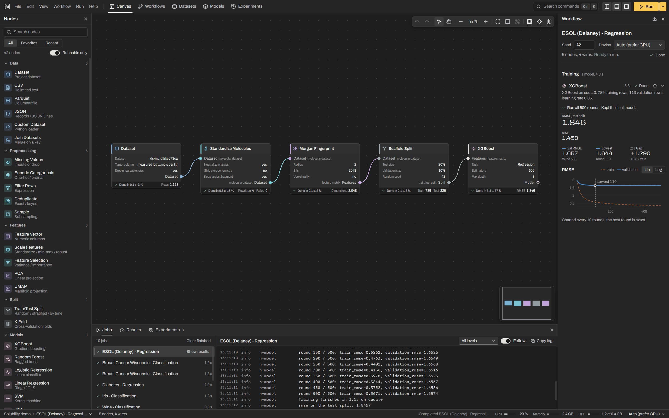 The AI Maestro canvas with data, preprocessing, representation, split and model nodes wired into a pipeline.