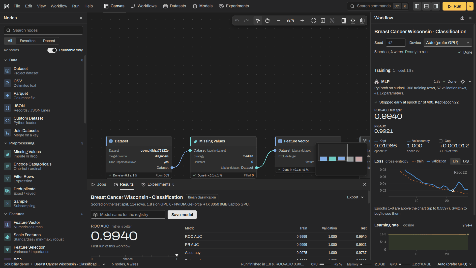 A run in progress showing the training curve and CPU and GPU usage.